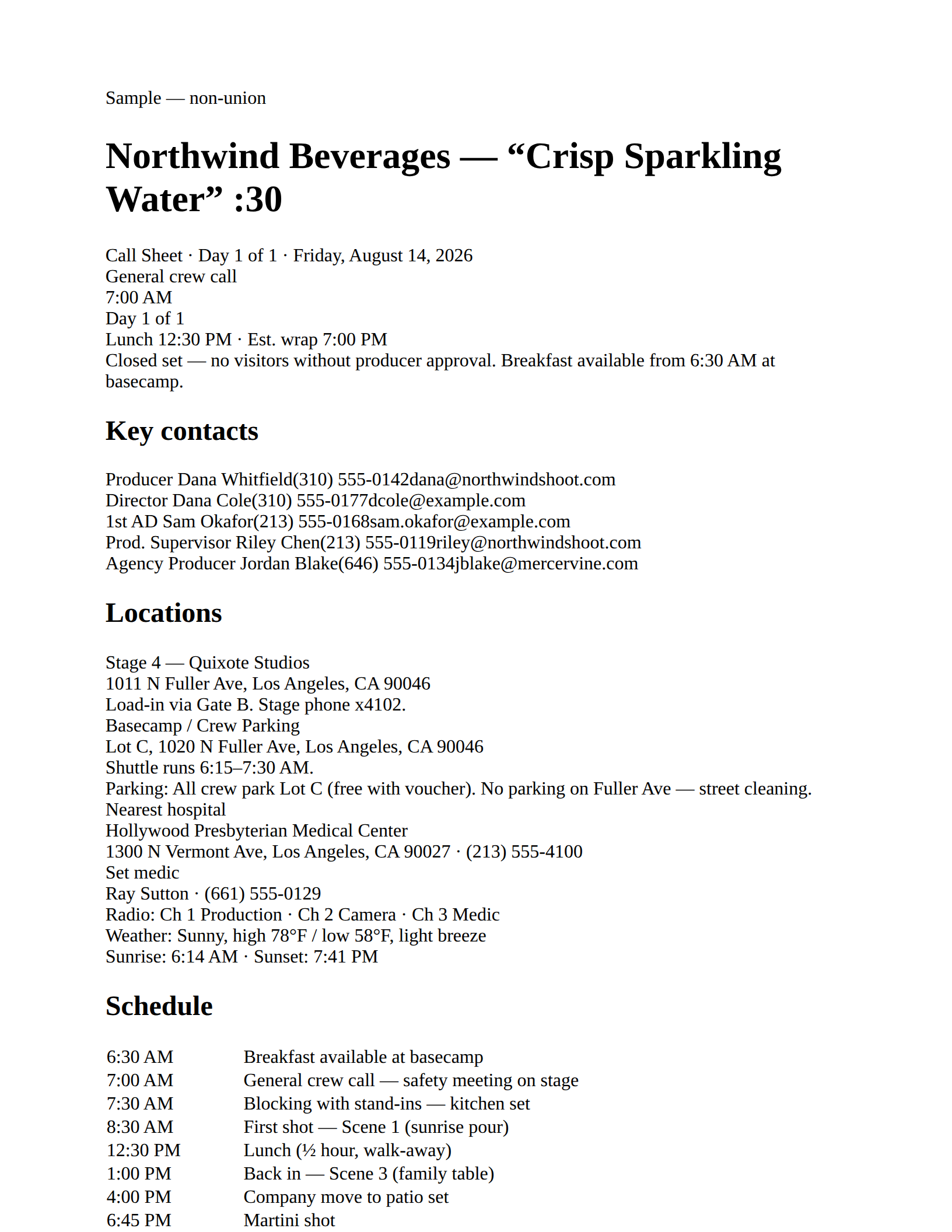 The printed call sheet produced by Wrkbk
