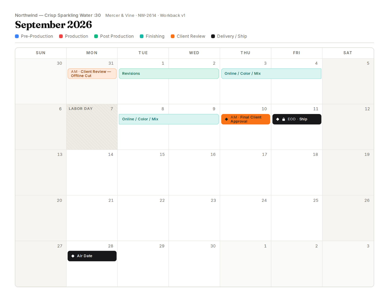 The printed workback calendar produced by Wrkbk